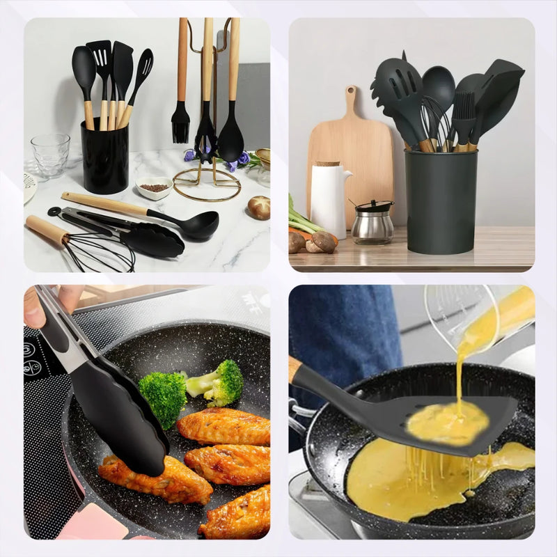 Kitchen Set Kit C/12 Pieces Non-stick Silicone Kitchen Utensils and Wood Cable