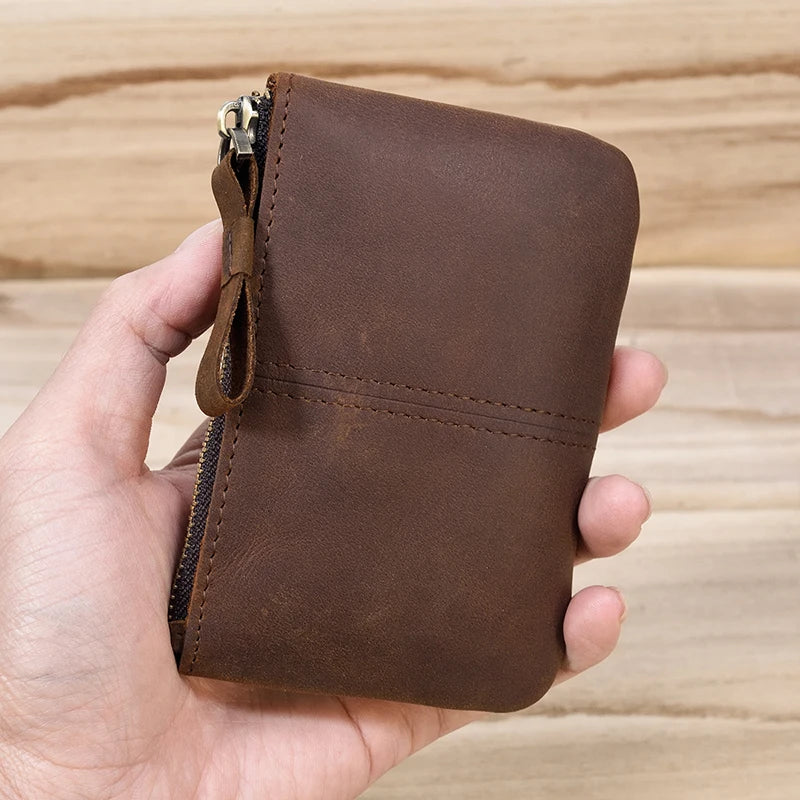 Carteira de moeda com zíper de couro genuíno masculino wowen couro natural mini bolsa curta titular do cartão mudança bolsa para homem carteiras de embreagem