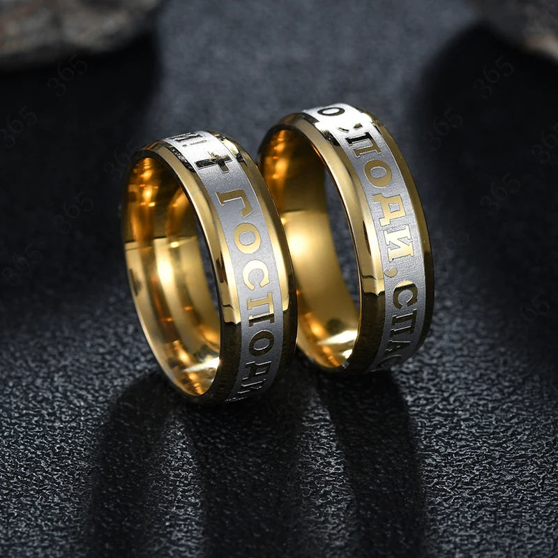 Anel religioso, cruz de 8mm, aço inoxidável, deus russo, salva-nos, anéis de banda para homens, mulheres, presente de festa, anillo anneaux