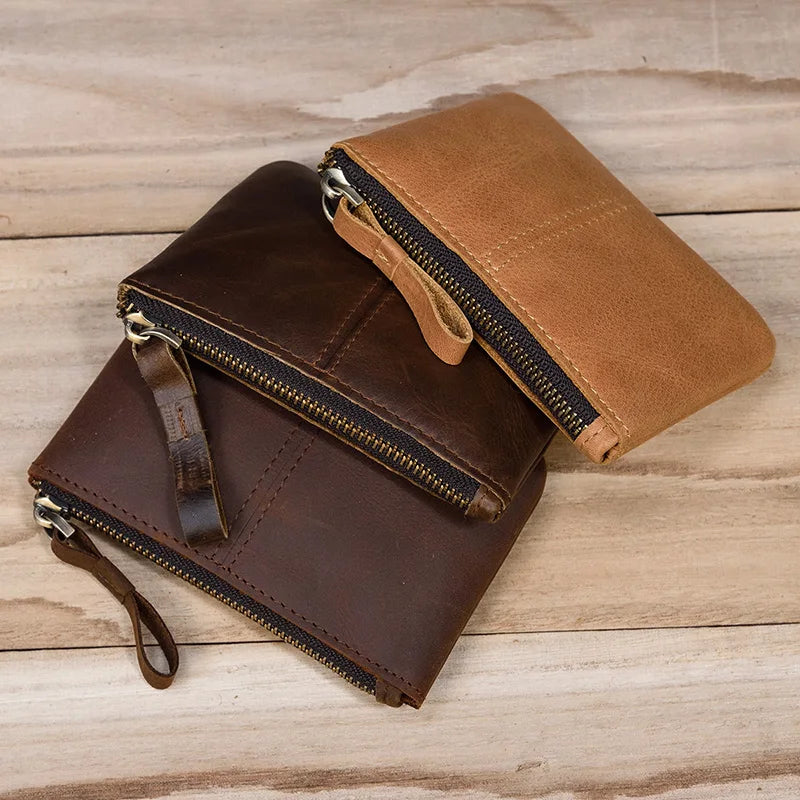 Carteira de moeda com zíper de couro genuíno masculino wowen couro natural mini bolsa curta titular do cartão mudança bolsa para homem carteiras de embreagem