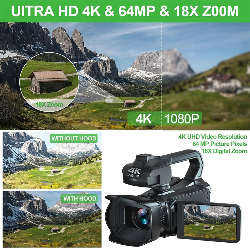 18X 64MP 4K Digital Cameras For Photography Professional YouTube Vlog Streaming Camcorder Video Recording WIFI Webcam Auto Focus