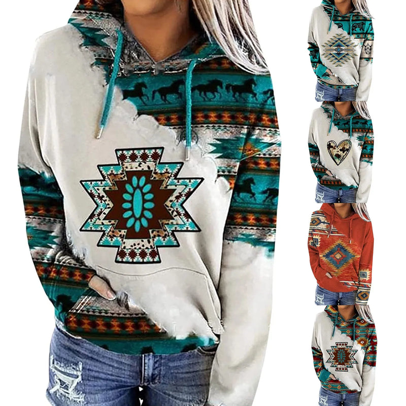 Womens Casual Geometric Horse Print Long Sleeve Drawstring Pullover Tops, Ethnic Style Hooded Sweatshirt plus size women clothin