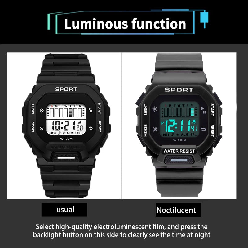 YIKAZE Men's Sports Watch Waterproof LED Digital Watches Student Outdoor Adventure Trend Multifunctional Electronic Watch Gift