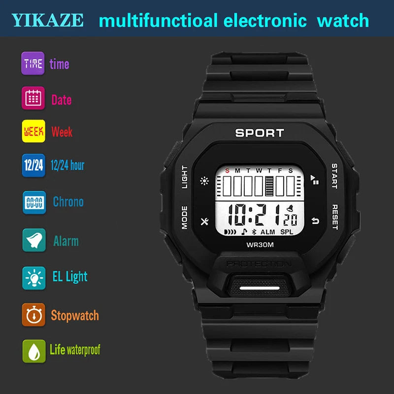 YIKAZE Men's Sports Watch Waterproof LED Digital Watches Student Outdoor Adventure Trend Multifunctional Electronic Watch Gift